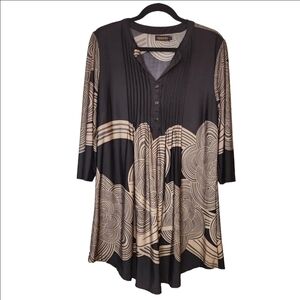REEORN SILKY HENLY STYLE TUNIC MINI DRESS TAN BLACK PRINT SIZE LARGE EUC